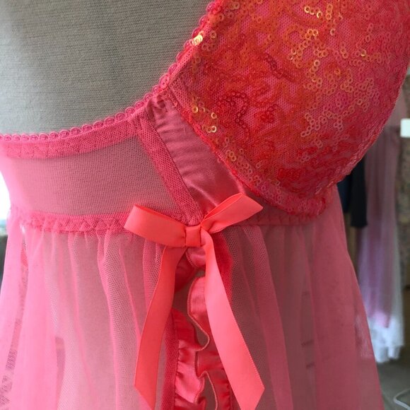 Victorias Secret Hot Pink/Melon Sequined Babydoll Nighty Size 34D - Picture 5 of 7